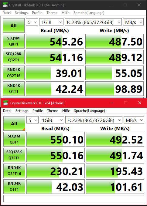 Crystald Disk Mark mit und ohne HWinfo.PNG