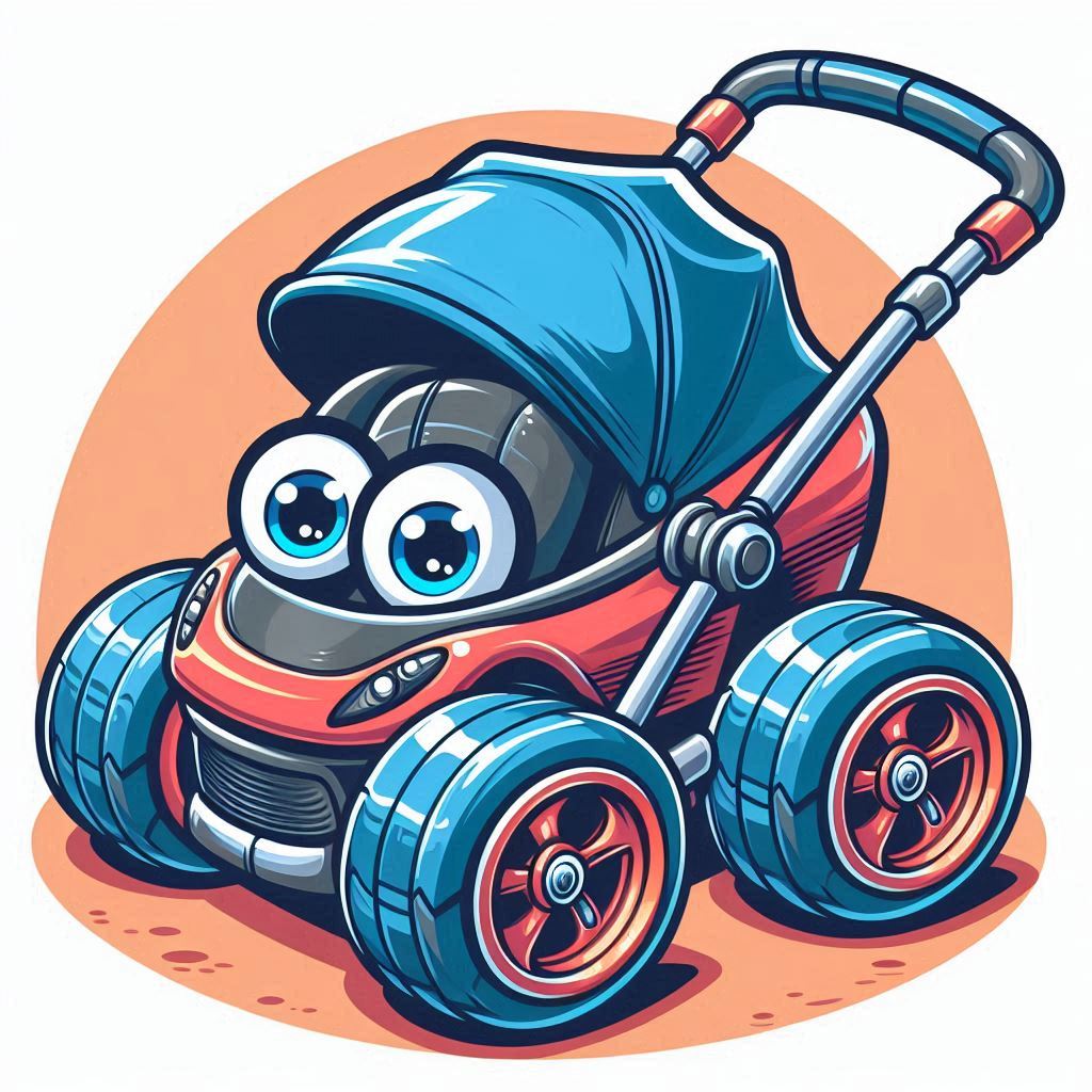 Ein Cartoon-Sportauto mit sehr kleinen Rädern, die von einem Kinderwagen stammen, ohne dass ei...jpg