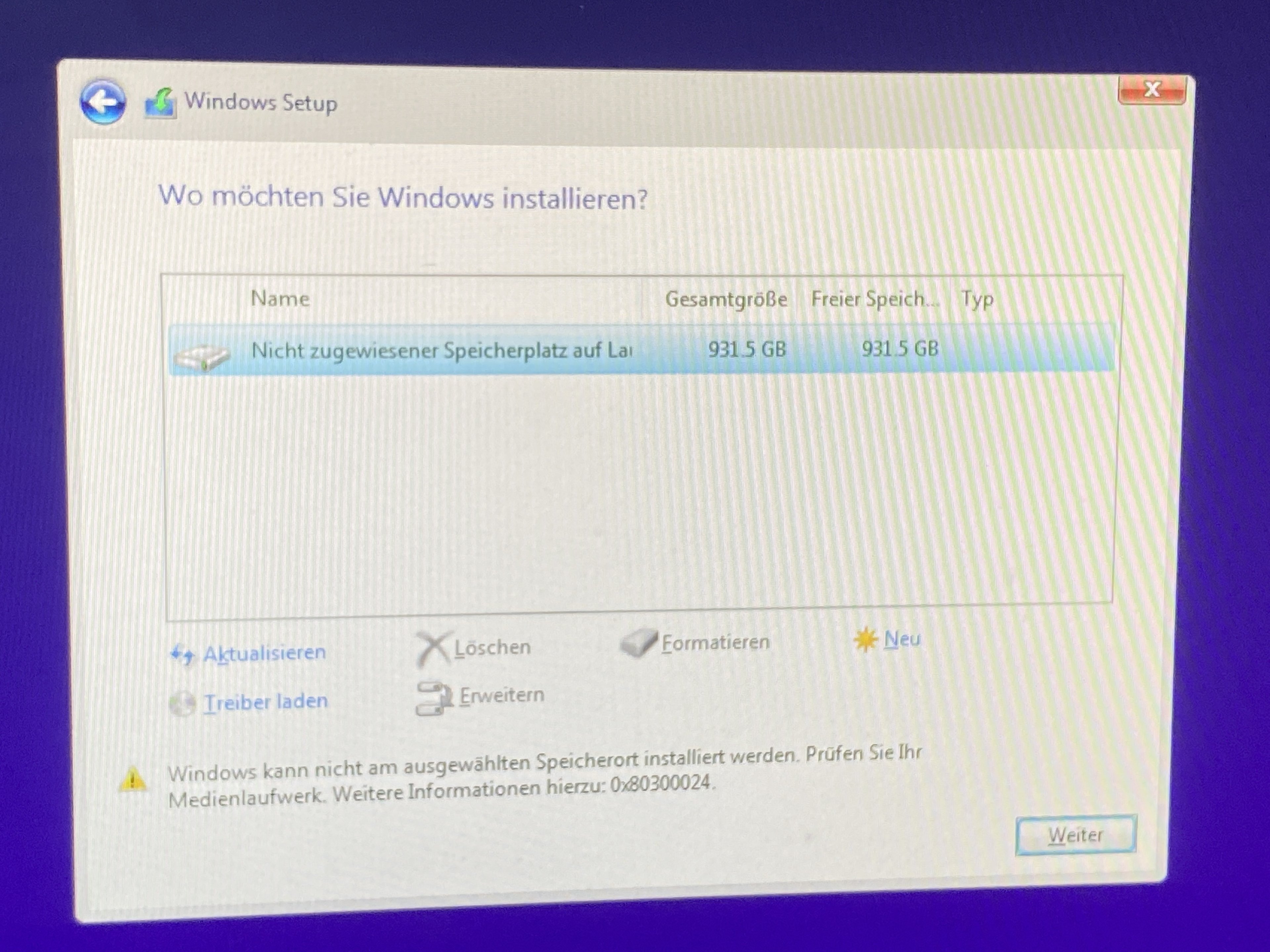 Windows kann nicht am ausgewählten Speicherort installiert werden.