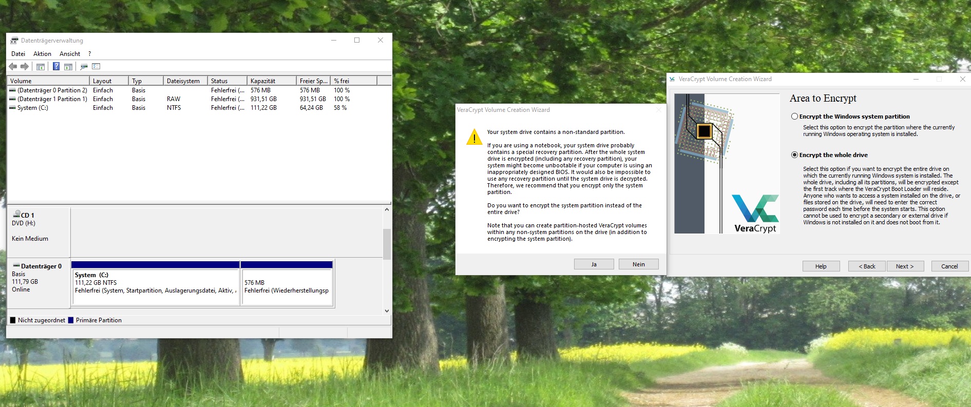 Screenshot Veracrypt Warnung und Übersicht der Systempartitionen in der Datenträgerverwaltung.jpg