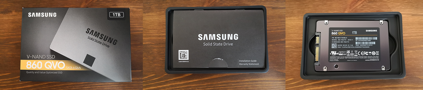Unboxing der gelieferten 1 TB 860 QVO bringt die SSD selbst und ein kleines Einleitungsbooklet zum Vorschein.
