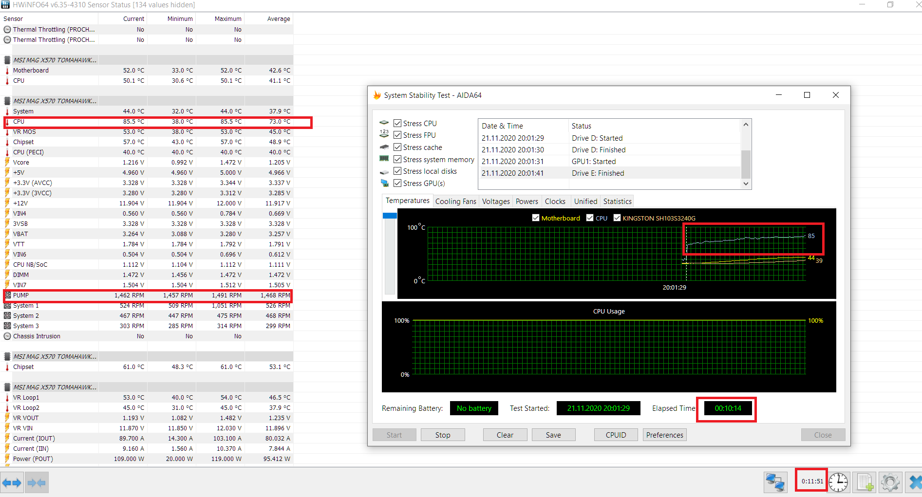 Temperaturen Ryzen 9 5900x Pumpe 100% fans 100% ( Pump fan header ) Gehäuse  zu.png